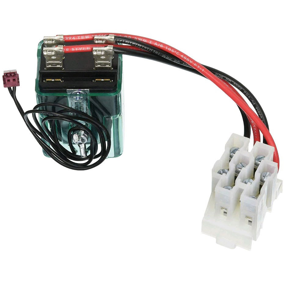 The Pentair Relay Kit 20 Amp DPST | RLYLX features a green automotive relay with black and red wires, integrated into a white plastic terminal block for retrofit installations.
