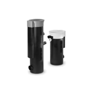 Two black cylindrical water filter tanks with white and gray tops, side pipe connectors, and gauges stand upright on a plain white background—ideal for integration with the Pentair Automatic Water Filler w/ Fluidmaster Valve, Almond (T40FB).