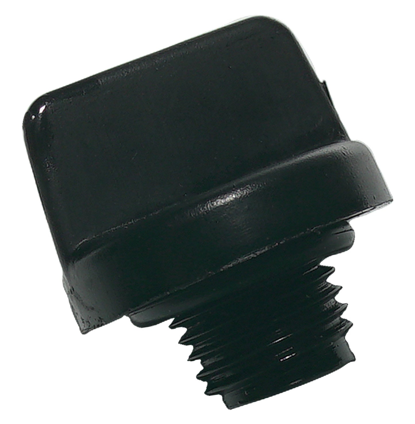 A black, square-shaped plastic cap with a threaded bottom, featured against a white background, is the Pentair Multiport Valve Drain Plug w/ O-Ring | U178-920PZ.
