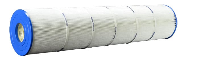 A Pleatco Filter Cartridge 175 sf Hayward C-1750/Posi-Clean PXC175 with blue end caps and pleated white filtration media lies horizontally on a white background, ensuring optimal pool cleaning.