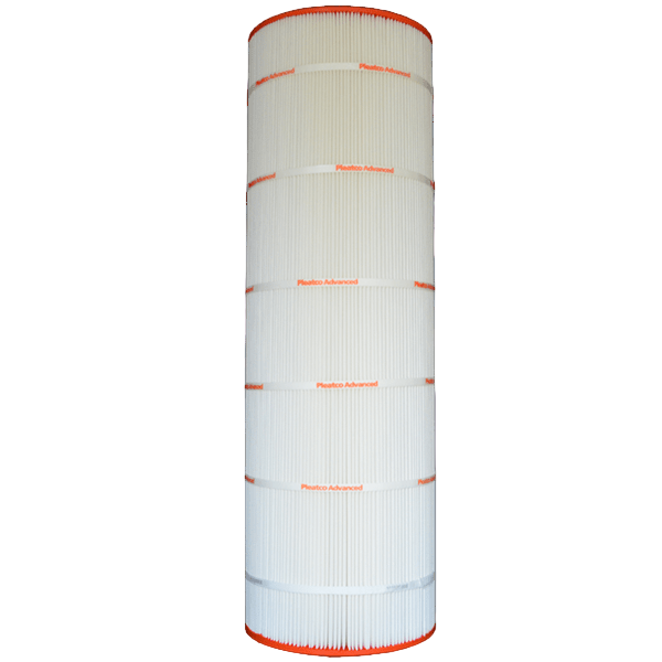 Pleatco Filter Cartridge 150 sf Pentair CC150/Predator 150 | PAP150 by Pleatco features white filtration media with orange bands for superior pool or spa cleaning, shown against a plain background.