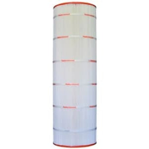 The Pleatco Predator/Clean & Clear 200 sf Cartridge (PAP200-4) by Pleatco is a white cylindrical filter with red bands, featuring advanced filtration fabrics and free flow core technology, shown upright on a plain background.