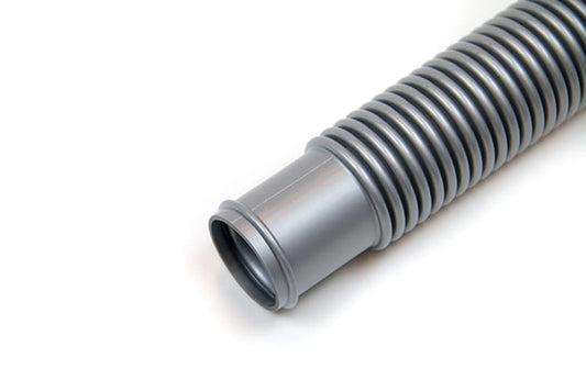 A close-up of a Plastiflex 1-1/2" x 12' gray flexible corrugated pool filter hose with a smooth connector end (FK101112012R), photographed on a white background.