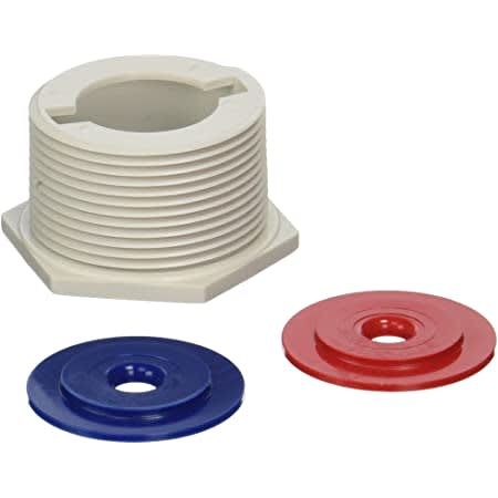 The Polaris Universal Wall Fitting Restrictor Kit (10-108-00) for 180/280/380 Pool Cleaners includes a threaded white plastic adapter and one blue and one red round gasket, shown on a plain background.