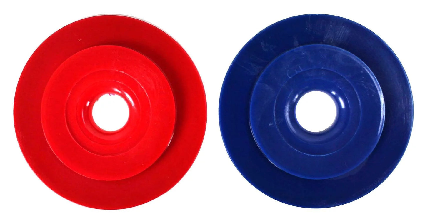 Polaris Universal Wall Fitting Restrictor Disks (Red/Blue, 10-112-00) by Polaris are shown side by side on a white background, each disk featuring a central hole.