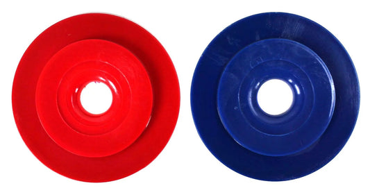 Polaris Universal Wall Fitting Restrictor Disks (Red/Blue, 10-112-00) by Polaris are shown side by side on a white background, each disk featuring a central hole.