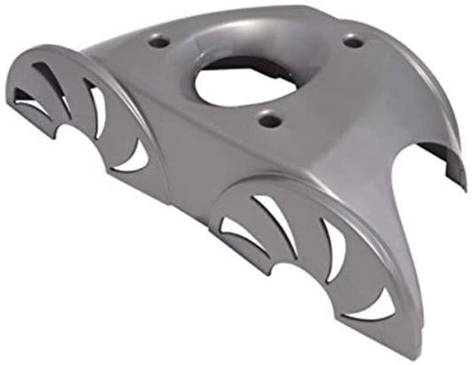 The Polaris Polaris 3900 Bottom Housing (39-004) by Polaris is a metal component with a central circular hole, three curved cutouts, a smooth silver finish, and mounting holes on top.