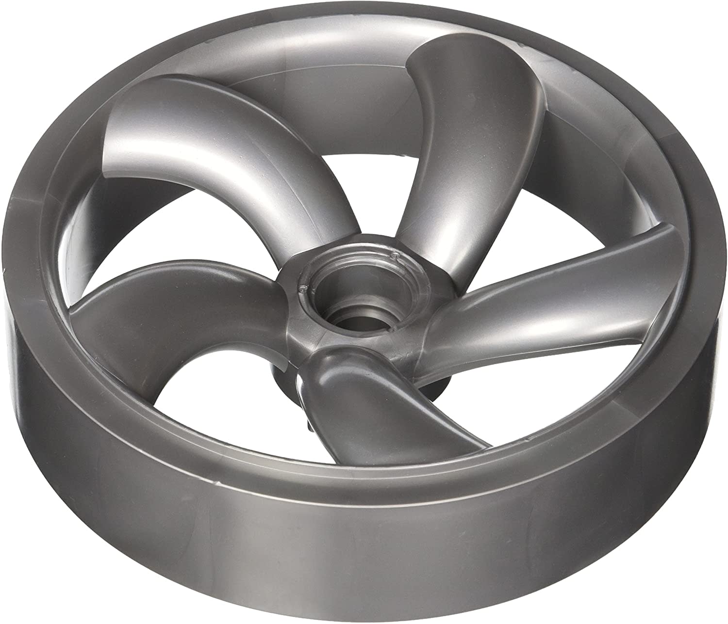 The Polaris 3900 Series Cleaners Double Side Wheel w/ Bearing (39-410) by Polaris is a metallic, circular part with four curved blades and a central hub, viewed from above.
