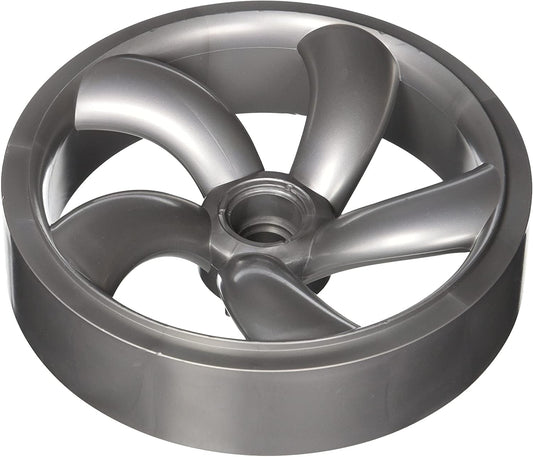 The Polaris 3900 Series Cleaners Double Side Wheel w/ Bearing (39-410) by Polaris is a metallic, circular part with four curved blades and a central hub, viewed from above.
