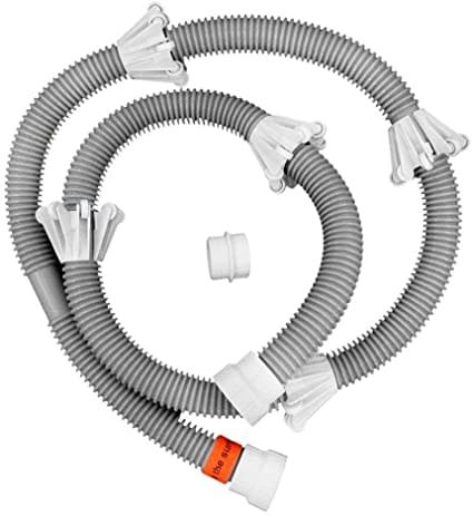 The Polaris 7' Sweep Hose Complete (6-106-00) by Polaris is a coiled gray flexible hose with multiple white connectors and a small white coupling piece, ideal for appliance or utility use.