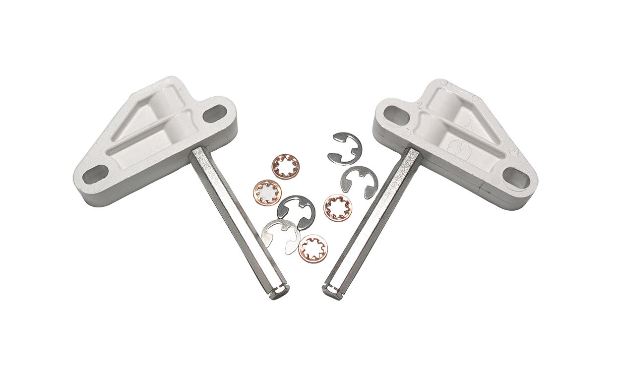 The Polaris Axle Block Kit (Front | 9-100-1139) by Polaris features two metal brackets with rods, positioned beside several small washers and retaining clips, all displayed on a white background.