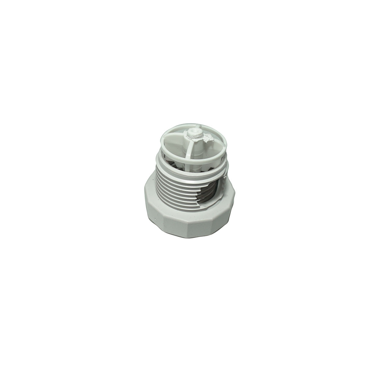 The Polaris 360 Pool Cleaner Pressure Relief Valve (White | 9-100-3009) by Polaris features a white plastic threaded design with a hexagonal base and circular top, shown against a plain white background.