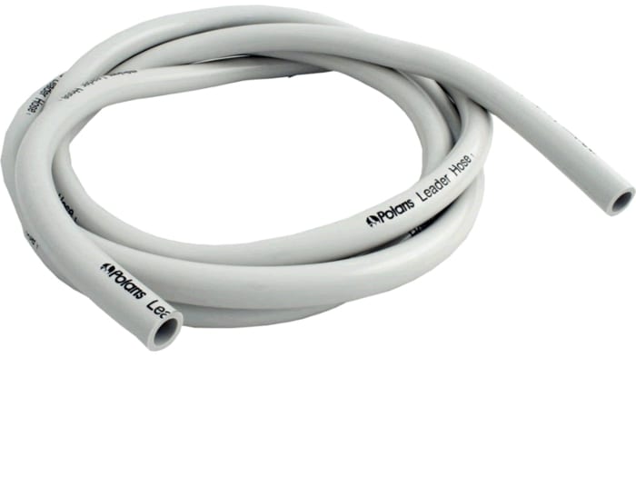 A coiled Polaris Pool Cleaner 10' Leader Hose, White (model D50), shows both ends and is displayed on a plain white background.