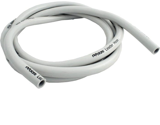 A coiled Polaris Pool Cleaner 10' Leader Hose, White (model D50), shows both ends and is displayed on a plain white background.