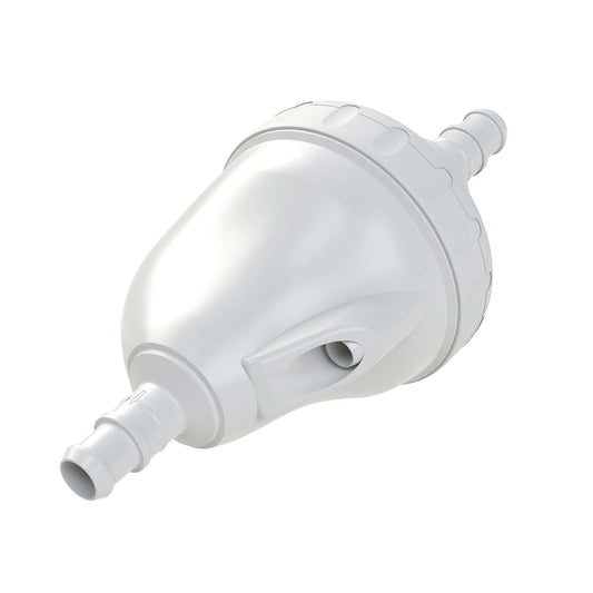 The Polaris 280 Pool Cleaner Back-Up Valve Kit | G52 by Polaris is a conical white plastic water filter with nozzle fittings on both ends, ideal for inline installation to enhance the performance of pressure-side pool cleaners.