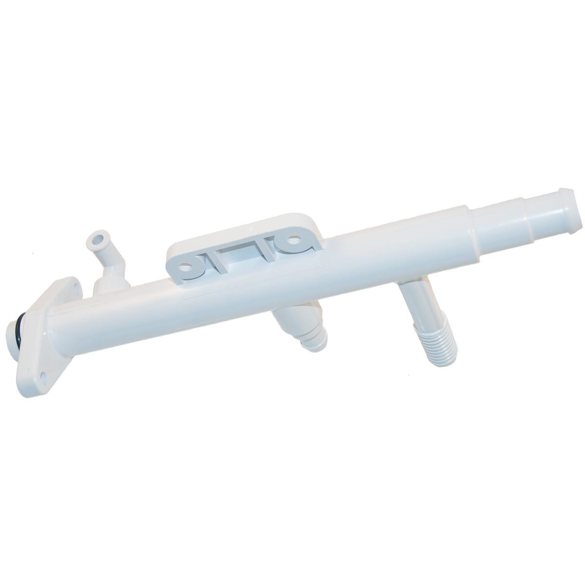 The Polaris Feed Pipe w/ Elbow 280 | K30, by Polaris, is a white plastic pipe with multiple connectors and includes a flat mounting bracket and cylindrical extensions at each end.