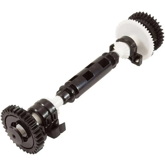 The Polaris Quattro Sport Drive Shaft Assembly (R0837500) by Polaris features a black and white plastic shaft with large gear wheels at each end, designed for compatibility with the Polaris Quattro Sport pool cleaner.
