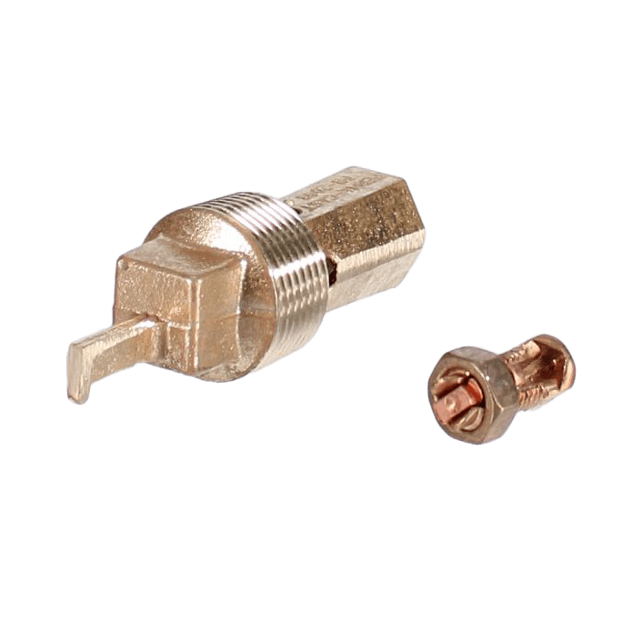 The Perma-Cast 1" Water Bonding Fitting (PB-2008) is crafted from durable non-corrosive solid brass and meets NEC 680-26 compliance. This set includes a large threaded fitting and a smaller companion, both ideal for reliable water bonding applications against a white background.