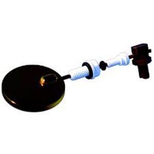 The Perma-Cast 1-1/2" A/G Water Bonding Fitting (PBAG) by Perma Cast features a black float valve with a cylindrical float and white plastic fittings, ideal for corrosion-resistant water regulation in tanks while complying with National Electric Code standards.