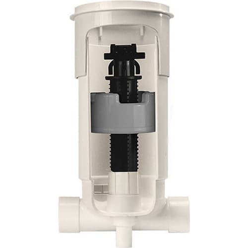 A cross-sectional view of the Paramount Paralevel B Complete Beige valve by Paramount, showing its white plastic body with internal components including a black central stem and gray ring.