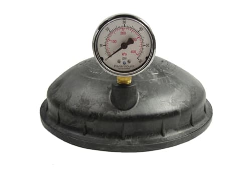 Paramount In-Floor Water Valves Top Valve Complete Black (005302430003) by Paramount shown with an attached pressure gauge displaying kPa and psi, set against a white background.