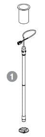 Black and white diagram labeled step 1 shows pole assembly parts—cylindrical cap, pole with cable, and circular base—for Paramount Ultra UV2 Lamp Assembly, 1 (005422901400) by Paramount.