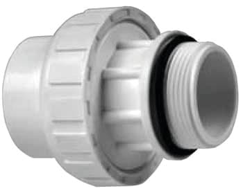 The Praher 2" MPT x 2" Slip Full Flow Union w/ O-Ring (200-903) is a durable plastic pipe fitting with threaded and slip ends, ideal for plumbing connections.