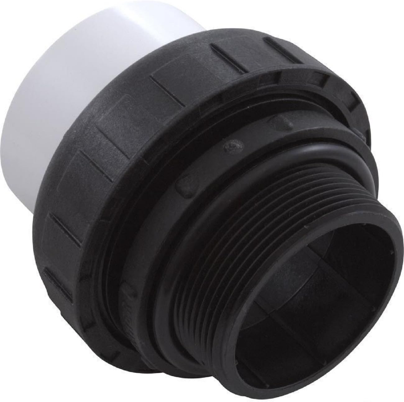Close-up of a Praher 2" MPT x 2" Slip Hi-Temp Union w/ O-Ring, featuring a black threaded plastic coupling and a white top section.