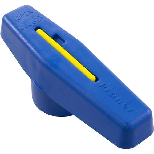 Blue plastic Praher Single Union Ball Valve Handle (SU-200-1B) with yellow indicator, labeled "OPEN" and "CLOSE" on top, and "Praher" on the side.