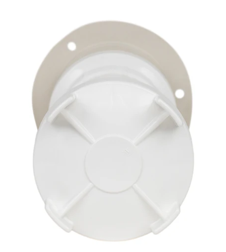 The Pentair Rainbow 300 Off-Line Chlorine/Bromine Tablet Feeder (R171016) includes a white cylindrical plastic cap with a cross design, set on a beige circular base with two holes, perfect for efficient pool sanitization.
