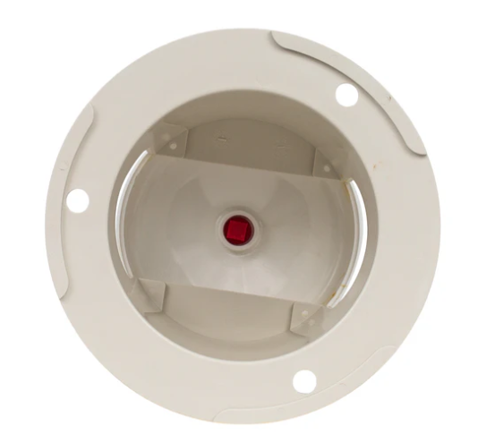 Close-up of a round, white recessed ceiling light fixture with a central red lens, perfect for enhancing spaces using the Pentair Rainbow 300 Off-Line Chlorine/Bromine Tablet Feeder (R171016).