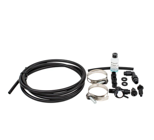 The Pentair Rainbow 300 Off-Line Chlorine/Bromine Tablet Feeder (R171016) with black tubing, metal clamps, connectors, washers, and a bottle is ideal for efficient pool sanitization.