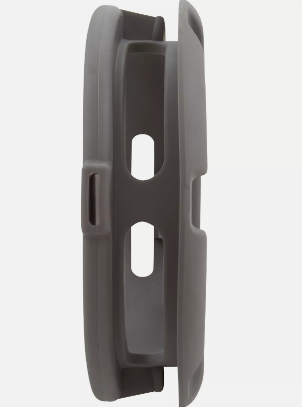 Side view of a Pentair Kit Footpad KK Cleaner | K12450, dark gray plastic holder with two slots, designed to attach to a camera strap.
