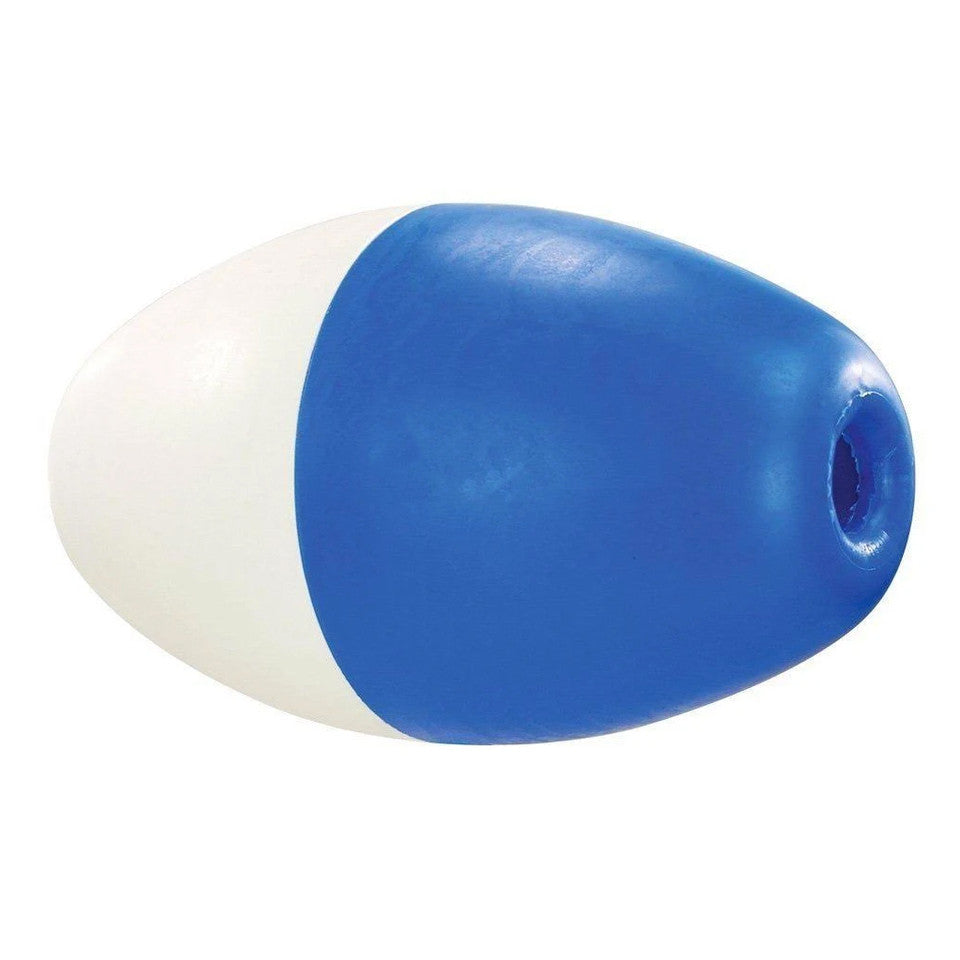 The Pentair Rainbow #590 Rope Float (R181086) is a 5" x 9" blue and white oval polyethylene float bobber with a center hole, designed for pool ropes.