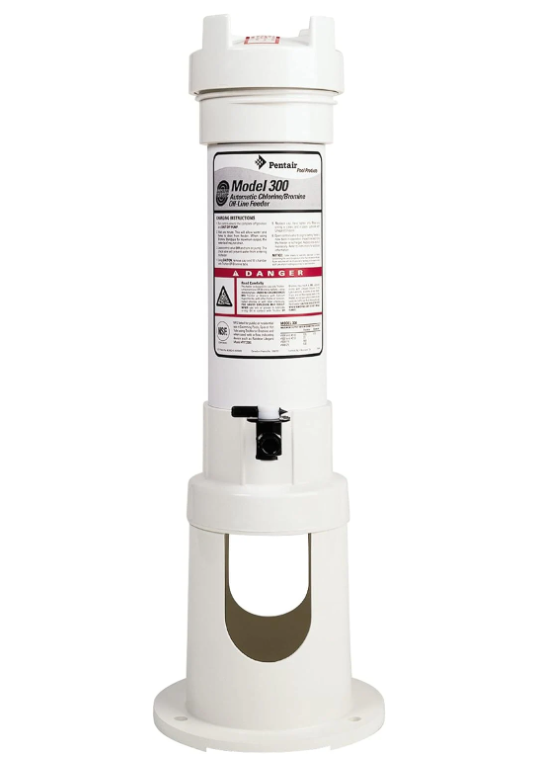 Pentair's Rainbow 300 Off-Line Chlorine/Bromine Tablet Feeder (model R171016) features a white housing with a label, engineered for efficient pool sanitization and stands upright on a stable base.