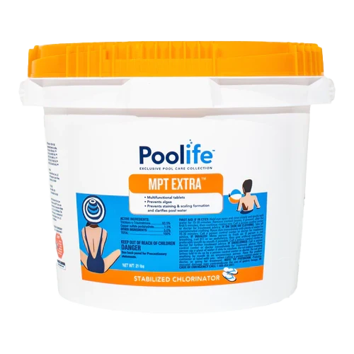 A white plastic container of Poolife MPT Extra Tablets by Poolife, featuring an orange lid and front label, is an effective pool sanitizer that helps prevent algae.