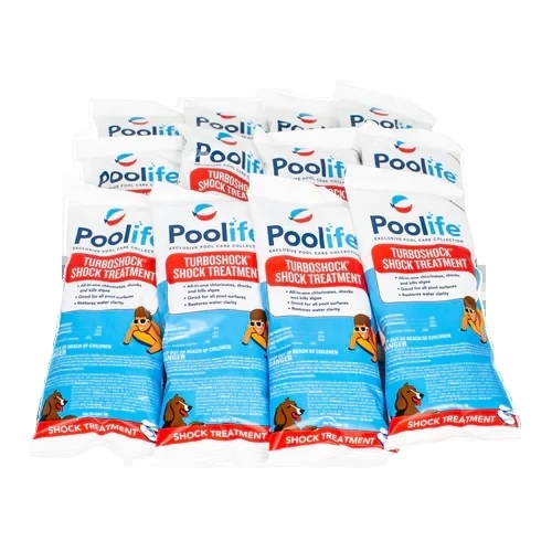 Eight packages of Pool Goods Poolife® TurboShock®, a powerful pool shock and algae remover, are neatly arranged in two rows on a white background.