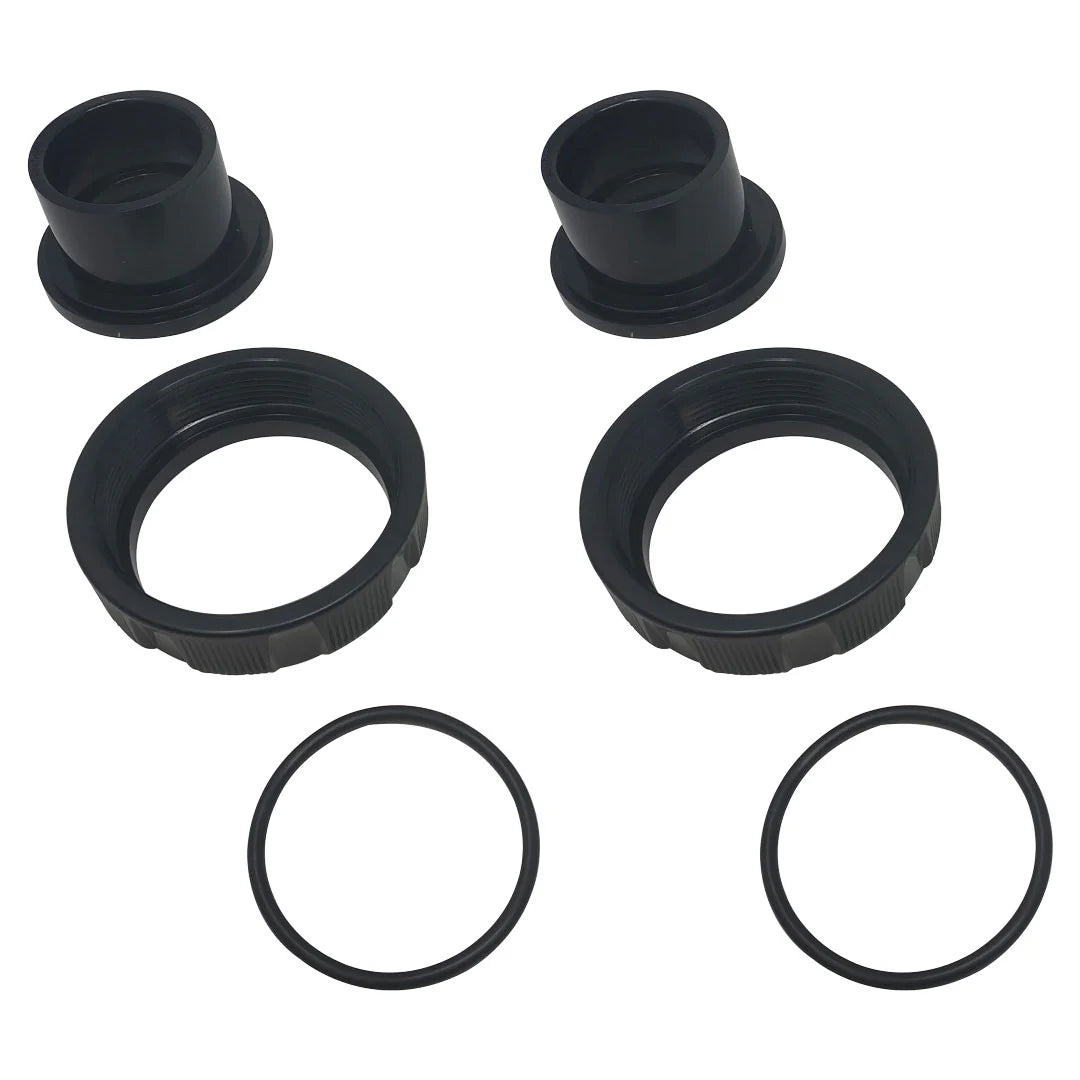 Jandy 2" x 2-1/2" Tail Piece, O-Ring, and Coupling Nut | R0446101 are neatly arranged on a white background.