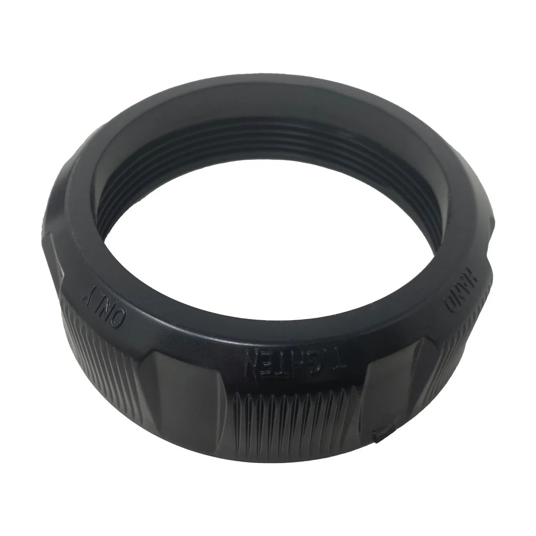 The Jandy 2" x 2-1/2" tail piece, O-ring, and coupling nut (R0446101) includes a black plastic threaded locking ring labeled "tighten" with an arrow and "hand tighten only," designed for compatibility with the Zodiac Jandy pool pump.