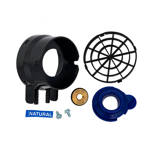 The Jandy JXi 400 Pool Heater Fuel Orifice Kit (R0591604) by Jandy includes a black plastic housing, circular grid, blue plastic piece, brass component, screws, and a "NATURAL" label—all shown on a white background.