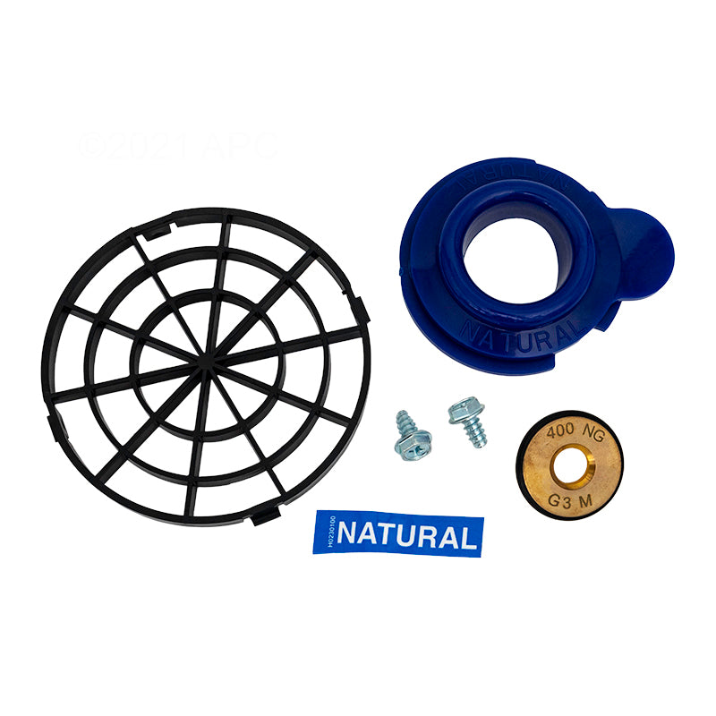 The Jandy JXi 400 Pool Heater Fuel Orifice Kit (R0591604) by Jandy includes a black circular plastic grid, blue plastic fitting, brass disc labeled "400 NG G3 M," two screws, and a blue "NATURAL" label.