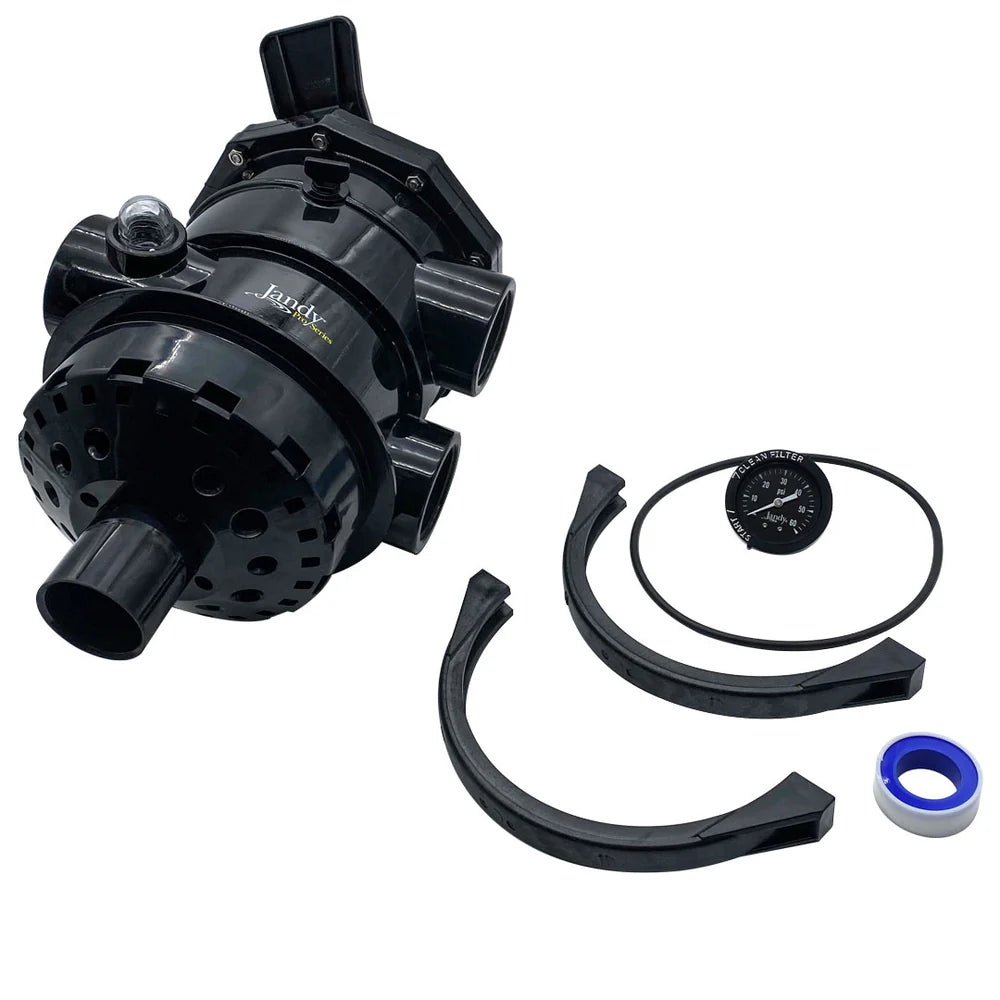 The Zodiac Complete Multi-Port Valve w/ Clamp Assembly 2" MPV (R0745700) includes a pressure gauge, two curved handles, an O-ring, and a roll of white and blue Teflon tape. Brand: Zodiac.