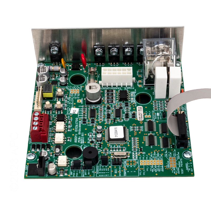 The Jandy Power Interface Board Assembly (R0984100) is a green PCB with electronic components, connectors, ribbon cable, and metal bracket, designed for AquaPure Salt Water Pool Systems. Compatible with Jandy R0984100 systems.