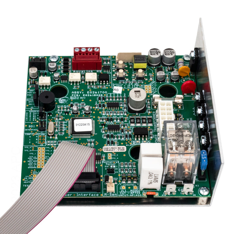 A close-up view of the Jandy Power Interface Board Assembly (R0984100) from Jandy, showing components, connectors, and a ribbon cable on a white background.