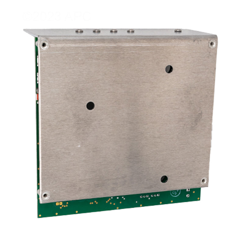 The Jandy Power Interface Board Assembly (R0984100) features a metal case with visible screws and holes, partially covering a green PCB with printed components. Compatible with the Jandy AquaPure Salt Water Pool System.