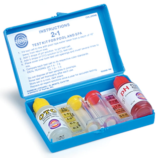 The Pentair #752 2-in-1 Test Kit by Pentair includes chemical bottles, testing tubes, color chart, and an instruction sheet—perfect for accurate chlorine testing and routine pool maintenance.