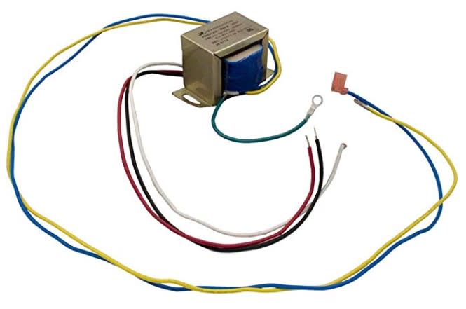 The Raypak 120/240V 24V Transformer | 006736F appears on a white background with an organized wire harness featuring yellow, red, white, and black wires, highlighting its suitability for electronic heaters.