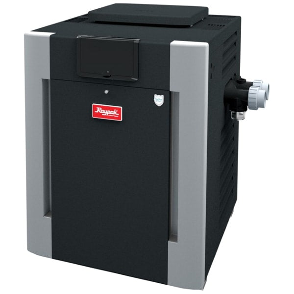 The Raypak P-R266A-EN-C Digital Gas Pool Heater, 266,000 BTU, has a black and gray corrosion-resistant cabinet and a user-friendly digital display, perfect for maintaining your spa's ideal temperature.