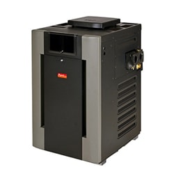 Raypak Ref Block 206-408Lt&Rt-Kit (010088F) by Raypak: Black and gray rectangular gas pool heater unit with side vents, front panel, and visible control knobs.
