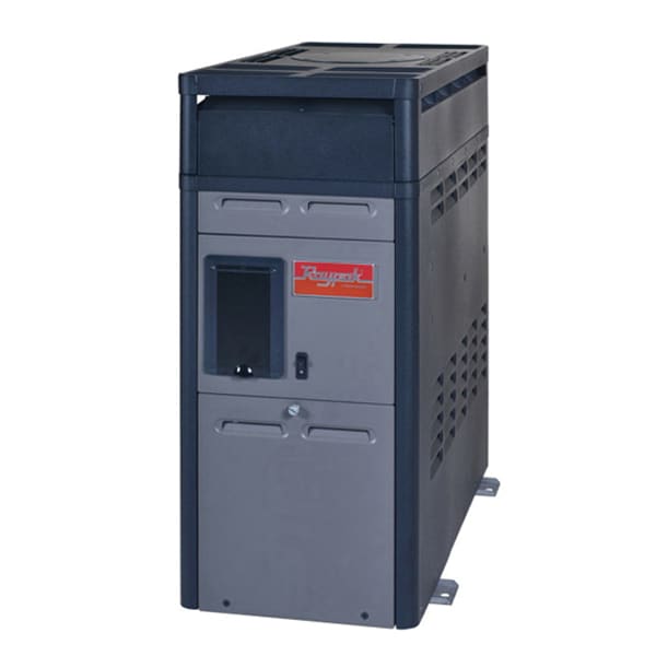 Tall, rectangular gray Raypak Digital Propane Gas Heater with a vented front panel and red branding at the top, featuring a non-corrosive cabinet and digital electronic ignition. 156,000 BTU | 014786.